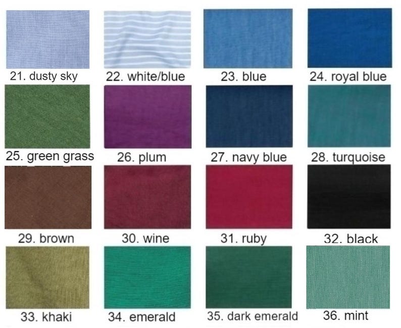 Pode incluir: Uma carta de cores que mostra 16 amostras de tecido diferentes. As amostras s&atilde;o dispostas em quatro filas de quatro. As cores incluem c&eacute;u poeirento, branco/azul, azul, azul real, grama verde, ameixa, azul marinho, turquesa, marrom, vinho, rubi, preto, c&aacute;qui, esmeralda, esmeralda escuro e menta.