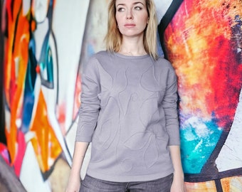 Katoenen geborduurd sweatshirt, geborduurd sweatshirt met bloemen, unieke lijnkunst trui met ronde hals, abstracte trui, trendy trui voor dames