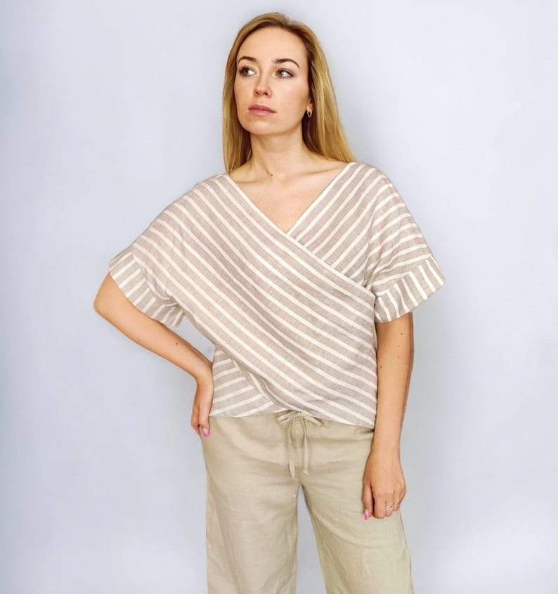 Elegant Linen Blouse, Kimono Sleeve Top, Women Linen Shirt, Cross Front Blouse, Summer Linen Top image 7