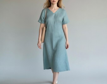 Linen Midi Dress Women, V Neck Linen Dress, Minimalist Summer Dress, Loose Fit Linen Dress, Natural Linen Clothing
