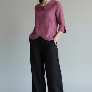 White Linen Blouse with Peter Pan Collar - Elegant Lightweight Summer Shirt – 3/4 Sleeve Layered Top - Minimalist Linen Clothing for Women image 3