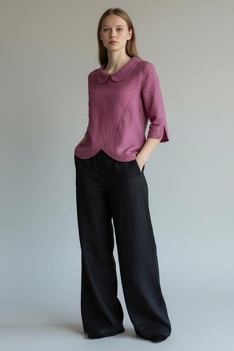 White Linen Blouse with Peter Pan Collar - Elegant Lightweight Summer Shirt – 3/4 Sleeve Layered Top - Minimalist Linen Clothing for Women image 3