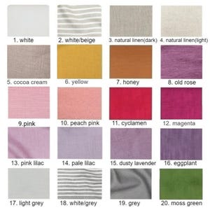 K&ouml;nnte beinhalten: Farbkarte mit 20 verschiedenen Stofffarben, darunter Wei&szlig;, Beige, Gelb, Rosa, Lila, Lavendel, Grau und Gr&uuml;n. Die Farben sind mit Nummern und Namen beschriftet.