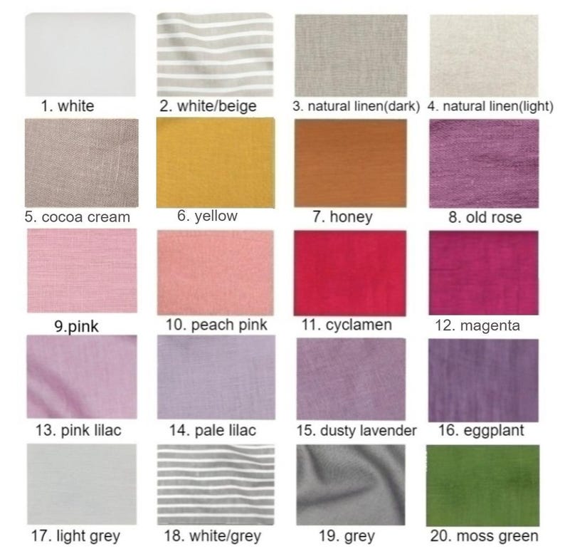 K&ouml;nnte beinhalten: Farbkarte mit 20 verschiedenen Stofffarben, darunter Wei&szlig;, Beige, Gelb, Rosa, Lila, Lavendel, Grau und Gr&uuml;n. Die Farben sind mit Nummern und Namen beschriftet.