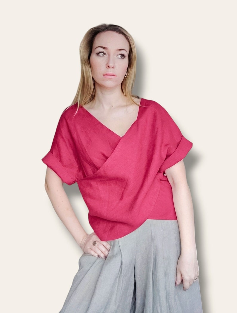 Blusa de lino elegante, top de manga kimono, camisa de lino para mujer, blusa delantera cruzada, top de lino de verano 11. cyclamen