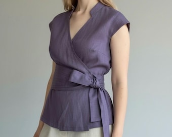 Linnen overslagtop: mouwloze kimonoblouse, duurzame kleding