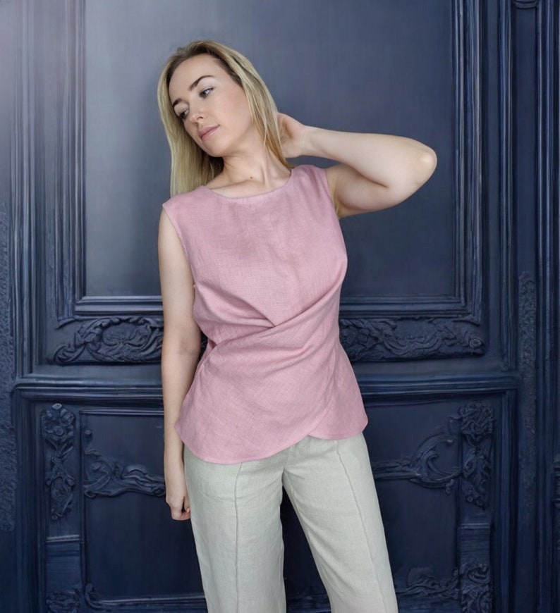 linen sleeveless wrap top, wraparound tank top, tulip hem, waist ties