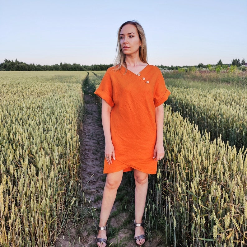 Orange Linen Dress, Linen Midi Wrap Dress, Loose Linen Dress With Asymmetrical Hem, Linen Short Sleeve Dress, Summer Linen Dress For Women image 1
