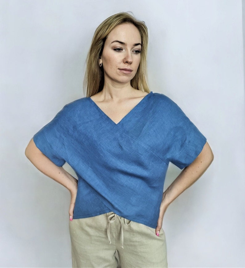 Elegant Linen Blouse Kimono Sleeve Top Women Linen Shirt Etsy