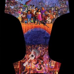 May include: A colorful diaper featuring a vibrant scene from the animated movie "Coco." The design showcases a large group of characters, including skeletons and musicians, set against a backdrop of a festive town and a bridge of orange petals.
