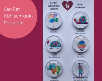 Kühlschrankmagnete 6er-Set - Team GLÜCKSKLEE - 6 hübsche Cabochon-Magnet-Buttons im Happy-Painting-Stil, 25 mm, perfekt als Geschenk