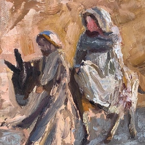 May include: A painting of two figures, one riding a donkey, the other walking beside it. The figures are dressed in long robes and the background is a muted brown and beige.