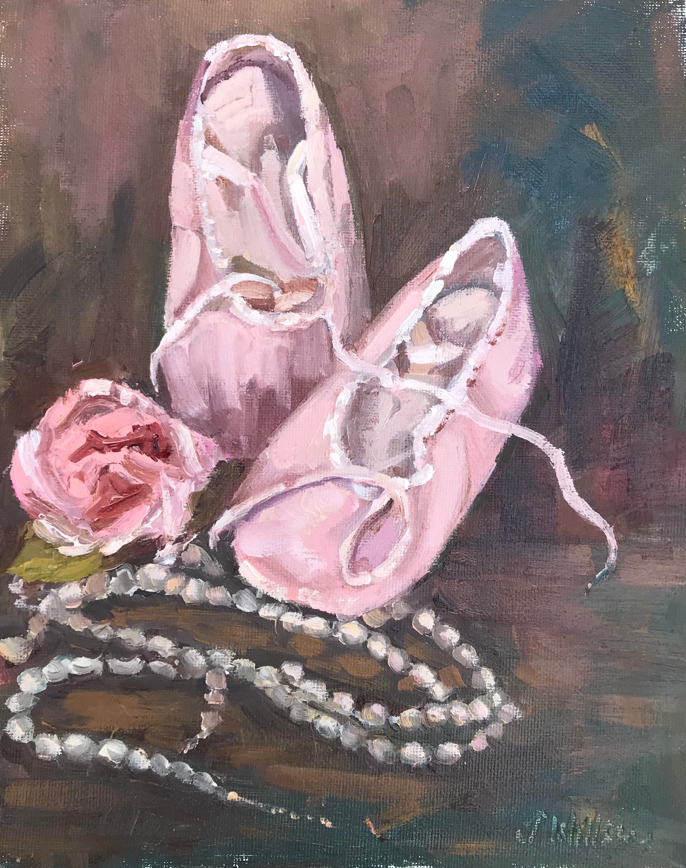 Shoes Painting Pink Point Shoes Ballet Oil Painting of Dancing Shoes