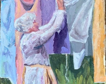 Laundry Oil Painting portrait print Clothes line Grandma Mother Love Laundry Basket  Old Fashion Summer time Memories Grandma  memories