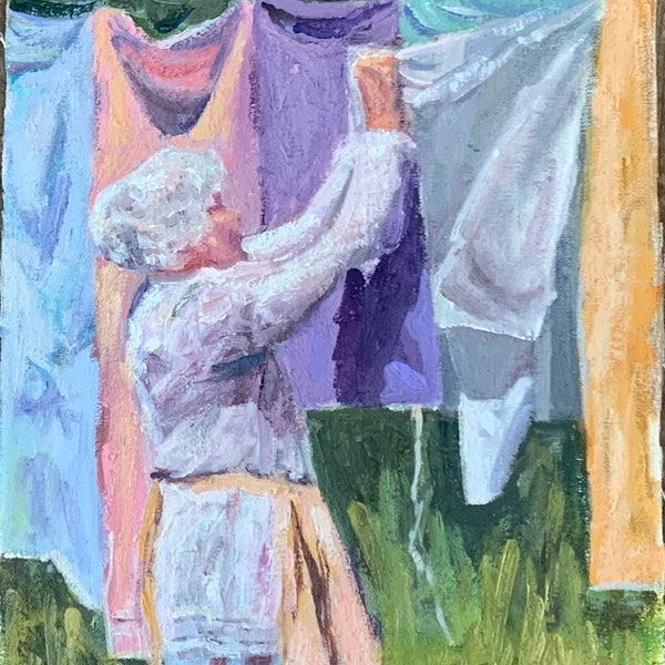 Laundry Oil Painting portrait print Clothes line Grandma Mother Love Laundry Basket  Old Fashion Summer time Memories Grandma  memories