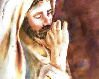 Jesus Christ”Contemplating”watercolor  Painting of LDS Jesus Christ portrait print Jesus Savior Redeemer Son of God Jehovah Lamb of God