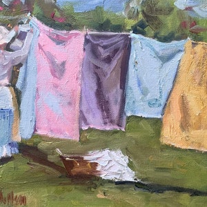 Clothes Line Oil Painting of OUT TO DRY Print  Laundry room Grandmother Mother Mom Clothes line Summer time memories Aunt Grandmas house