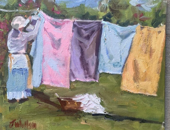 Clothes Line Oil Painting of OUT TO DRY Print  Laundry room Grandmother Mother Mom Clothes line Summer time memories Aunt Grandmas house