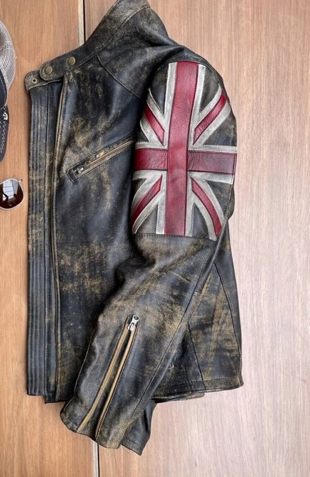 Men's UK Flag Vintage Distressed Brown Leather Jacket for