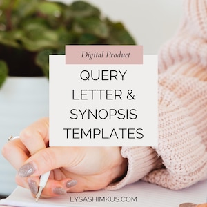 Peut inclure: Image d'un produit numérique avec un carton blanc portant l'inscription noire "QUERY LETTER & SYNOPSIS TEMPLATES". Une personne portant un pull rose écrit avec un stylo. Un pot de plante est en arrière-plan.