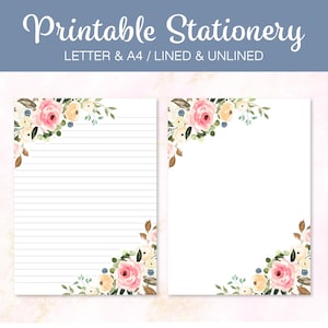 Papelería floral, papel de escritura imprimible, acuarela bohemia, rayado, tamaño carta A4 (EE. UU.), papel de notas, descarga instantánea, bloc de notas imprimible