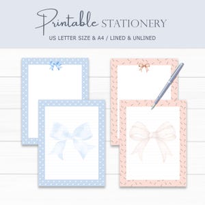 Coquette Floral Stationery, Cute Writing Paper, Watercolor Ribbon, A4 and US Letter, Notes Paper Download, Printable Notepad