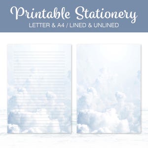 Papelería de nubes, papel para cartas imprimible, cielo azul, con rayas, tamaño carta A4 (EE. UU.), descarga instantánea, bloc de notas imprimible