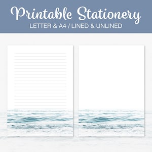 Carta da lettere Ocean Stationery, carta da lettere stampabile, acqua di spiaggia, a righe, bianca, formato A4 USA, download immediato, blocco note stampabile