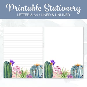 Papel para escribir cartas imprimible de Cactus Stationery Desert, rayado y sin raya, tamaño A4, descarga instantánea, bloc de notas imprimible