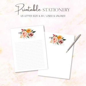 Printable Stationery, Floral Letter Writing Paper, Lined Unlined, A4 US Letter, Notes Paper, Digital Download, Printable Notepad