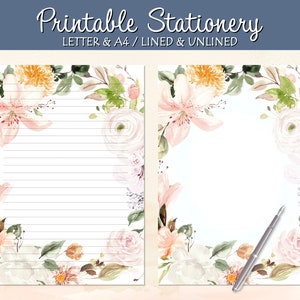 Papelería floral, papel de escritura de cartas imprimible botánica, forrado sin forro, carta A4 de EE. UU., descarga instantánea, bloc de notas imprimible