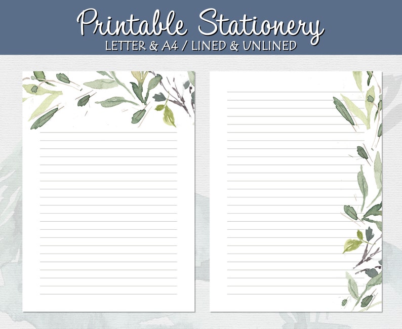 Botanical Stationery, Greenery Letter Writing Paper, Lined Unlined, A4 ...