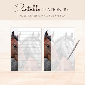 Horses Stationery, Letter Writing Paper, Lined Unlined, A4 size US Letter, Digital Download, Printable Notepad