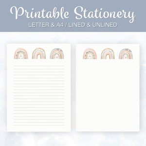 Cancelleria stampabile, carta da lettere con arcobaleni, cancelleria boho, a righe, non a righe, formato A4 USA, download immediato, blocco note stampabile, RW