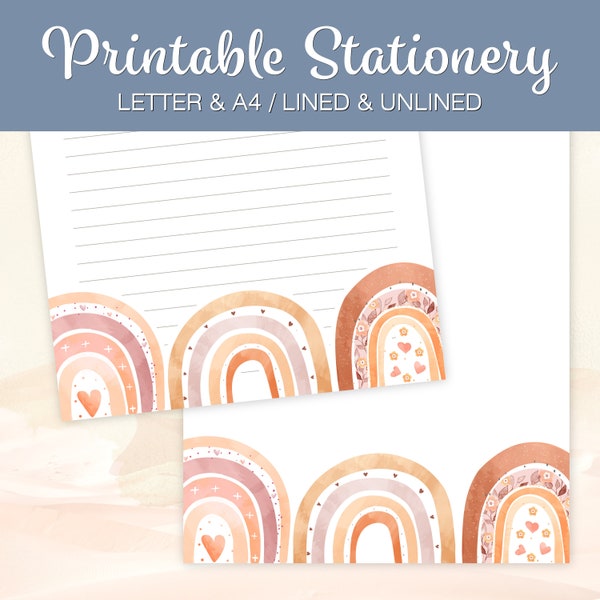 Printable Stationery, Rainbows Letter Writing Paper, Boho Stationery, Lined Unlined, A4 US Letter, Instant Download, Printable Notepad, RW