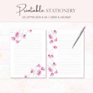 Pink Floral Letter Writing Paper Spring Stationary, Lined Unlined, A4 US Letter, Digital Download, Printable Notepad