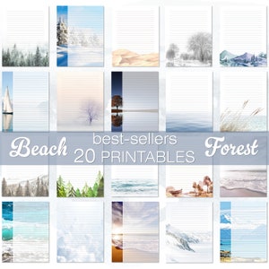 Paquete de papelería con temática de bosque y playa: papel para escribir con paisajes, papel para notas oceánicas, bloc de notas con pinos, papel de carta con montañas, imprimible.
