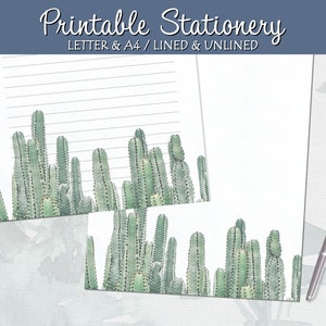 Papel para escribir cartas imprimibles, Papelería de cactus, Forrado sin forro, Carta estadounidense A4, Descarga instantánea, Bloc de notas imprimible