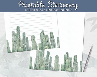 Printable Letter Writing Paper, Cactus Stationery, Lined Unlined, A4 US Letter, Instant Download, Printable Notepad