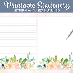 Papelería de cactus Suculentas Papel de escritura de cartas imprimible, Forrado sin forro, Carta A4 de EE. UU., Descarga instantánea, Bloc de notas imprimible