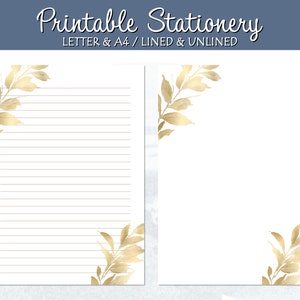 Papelería dorada, papel para escribir cartas con motivos botánicos, con rayas y sin rayas, tamaño A4, tamaño carta de EE. UU., descarga instantánea, bloc de notas imprimible