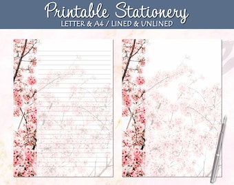Printable Stationery, Cherry Blossom Writing Paper, Spring Stationary, Lined Unlined, A4 US Letter, Instant Download, Printable Notepad
