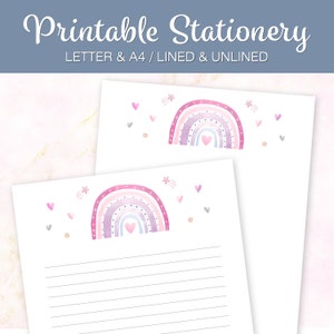 Papelería imprimible Rainbow Letter Writing Paper, Boho, Pink Purple Rainbow Hearts, A4 US Letter, Descarga digital, Bloc de notas imprimible, RW