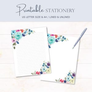 Blue Floral Stationery, Watercolor Flowers Writing Paper, A4 size US Letter, Notes Paper, Digital Download, Printable Notepad