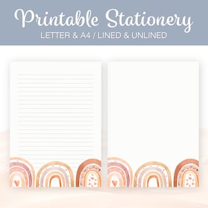 Wydrukowane tęczowe artykuły piśmiennicze, papier do pisania listów, artykuły piśmiennicze boho, liniowane bez linii, A4 US Letter, natychmiastowe pobieranie, drukowany notatnik, RW
