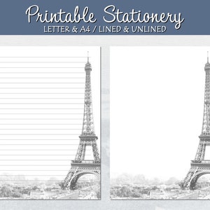 Papelería de París, Torre Eiffel, Páginas de diario imprimibles, Papel de escritura, Forrado sin forro, Carta A4 de EE. UU., Descarga instantánea, Bloc de notas imprimible