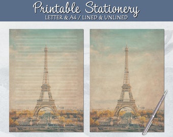 Paris Stationery, Printable Journal Pages, Letter Writing Paper, Lined Unlined, A4 US Letter, Instant Download, Printable Notepad