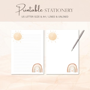 Printable Stationery, Rainbows Writing Paper, Sun Boho Stationery, Lined Unlined, A4 US Letter, Instant Download, Printable Notepad, RW