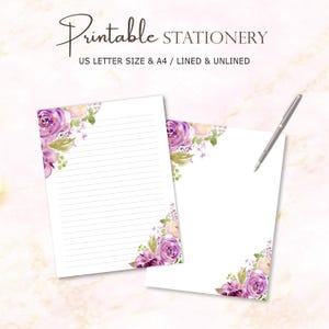 Lila Blumen Briefpapier: Briefpapier zum Ausdrucken (Digitaler Download A4/US Letter)