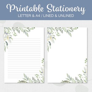 Papelaria botânica, papel para escrever letras com plantas, pautado e sem pauta, carta A4 dos EUA, papel para anotações, download instantâneo, bloco de notas para impressão